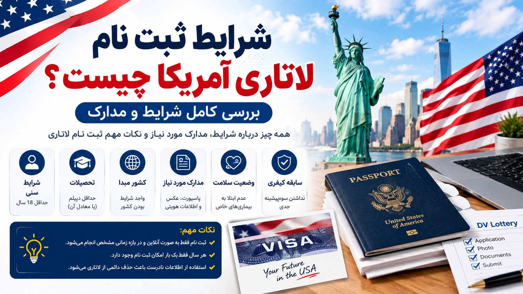 شرایط ثبت نام لاتاری آمریکا چیست؟ بررسی کامل شرایط و مدارک