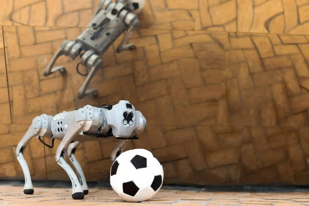 سگ رباتیک چهار پا برای بازی فوتبال در زمین های چمن شن و ماسه می تواند بازی کند